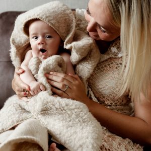 Wool hooded blanket wrap blanket for Baby Woolskins beige